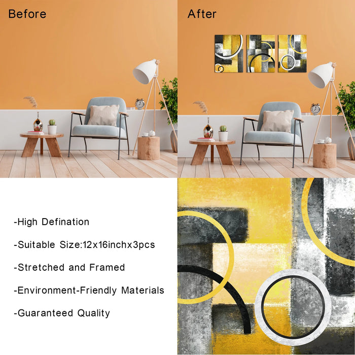 3 Piece 12X16 Inch Abstract Yellow Framed Canvas Wall Art Clearance Picture Canvas Prints Modern Art Wall Decor for Living Room Bedroom Office