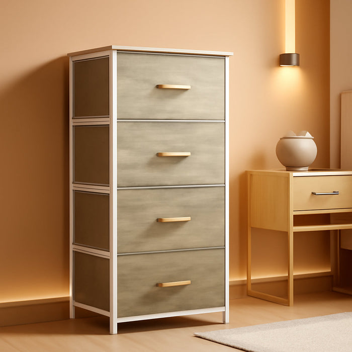 Dresser with 4 Drawers - Fabric Storage Tower, Organizer Unit for Bedroom, Hallway, Hallway, Closets - Sturdy Steel Frame, Wooden Top & Easy Pull Fabric Bins