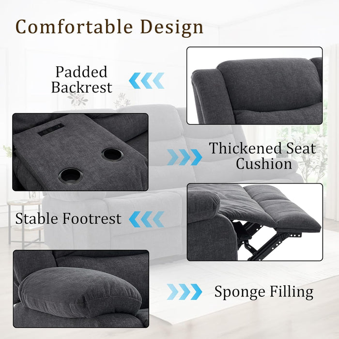 Recliner Sofa, Reclining Loveseat with Console, Oversized Reclining Couch with Drop down Table, 3-Seater Sofa with Cup Holder and Recessed Power Strip, Grey