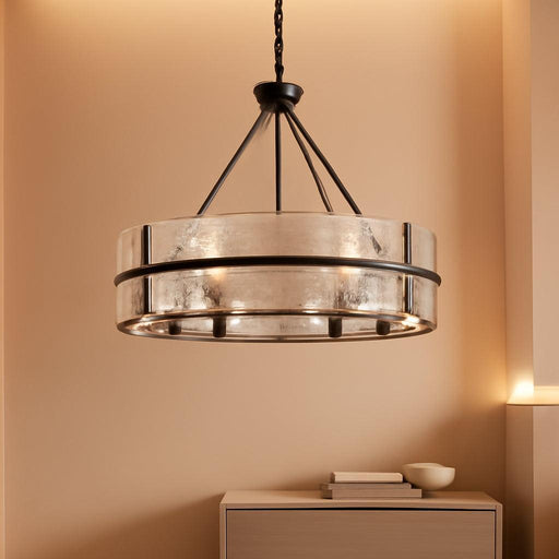 28" Black Glass Chandelier for Dining Room, 8-Light Modern Large Glass Drum Chandelier Dining Room Light Fixture over Table, Hanging Pendant Light for High Ceiling Foyer Living Room