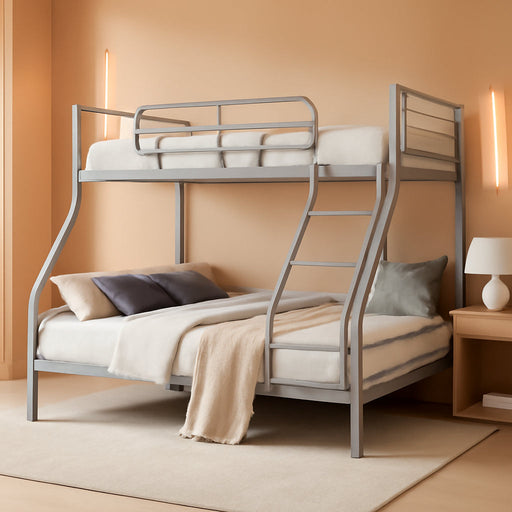 Twin over Full Bunk Bed Frame, Heavy Duty Metal Bunk Beds for Kids/Teens/Adults, 450 Lbs Upper & 500 Lbs Lower Capacity, Slot-Type Assembly, Reversible Ladder, 11.7" Safety Guardrails，Grey