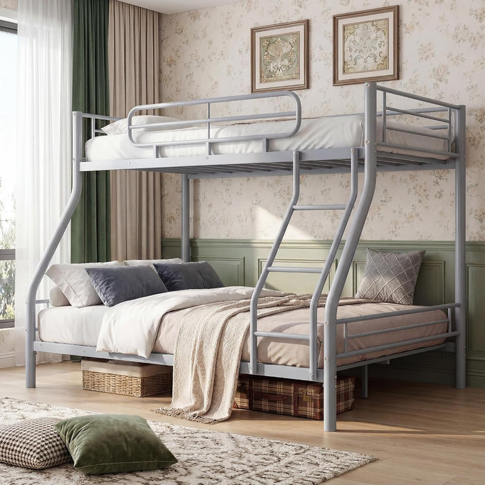 Twin over Full Bunk Bed Frame, Heavy Duty Metal Bunk Beds for Kids/Teens/Adults, 450 Lbs Upper & 500 Lbs Lower Capacity, Slot-Type Assembly, Reversible Ladder, 11.7" Safety Guardrails，Grey