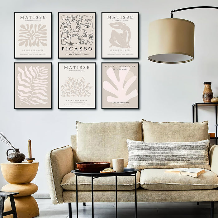 Laywhq Henri Matisse Wall Art Abstract Flower Canvas Wall Decor Neutral Gray Beige Picasso Line Mid Century Aesthetic Paintings Prints Posters for Bedroom Living Room Gallery Set of 6 8X10In Unframed