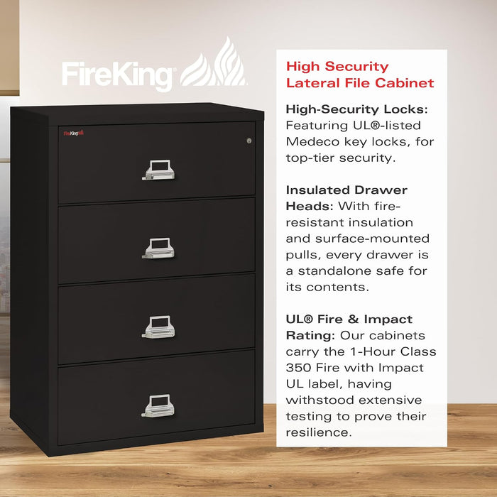 Fireproof Lateral File Cabinet (4 Drawers, Impact Resistant, Water Resistant), 38" W X 22" D, Black, Made in USA