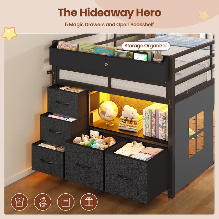 Low Loft Bed Twin Size with Tent, 5 Storage Drawers, LED Lights, Metal Kids Loft Bed with Bookcase & Under-Bed Play Space,Twin Loft Beds with 13.8''H Safety Guardrail,Inclined Ladder, Black