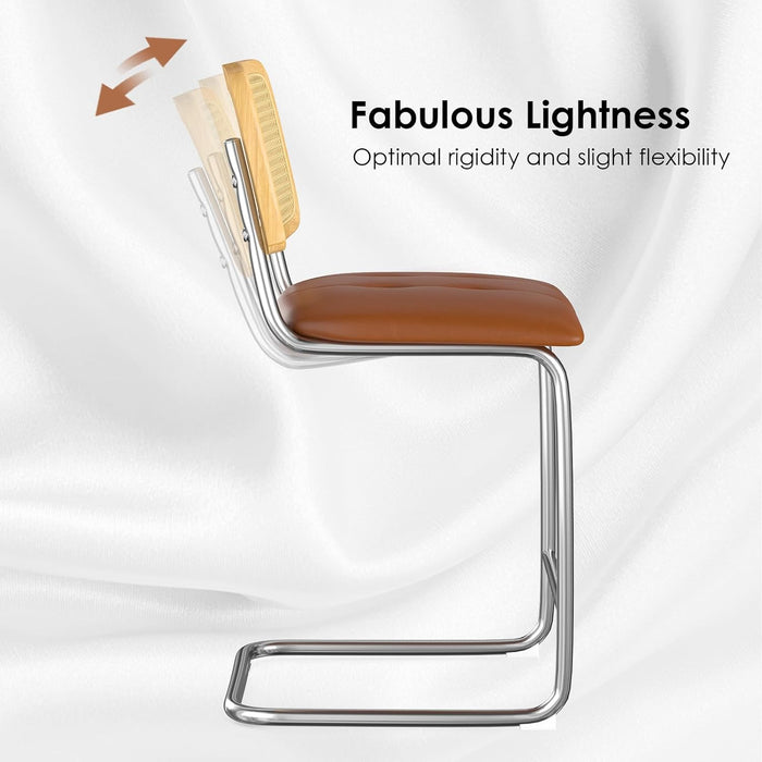 Counter Height Bar Stools Set of 2, Upholstered PU Leather Barstools with Rattan Back, 24 Inch Stools Armless Bar Chairs for Kitchen Island(Brown)