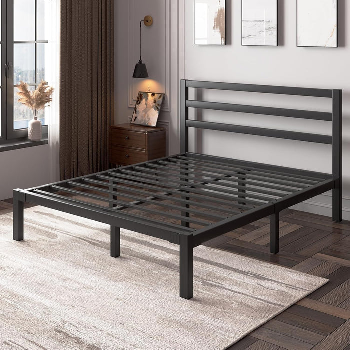 Full Size Metal Bed Frame with Headboard, Metal Slats, Black