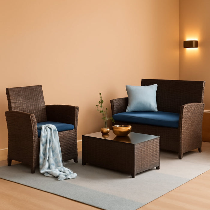 4 Piece Patio Furniture Set,Outdoor Wicker Conversation Sets,Rattan Sectional Sofa W/Coffee Table,Seat Cushions for Backyard Porch Garden Poolside (Gray/Blue)