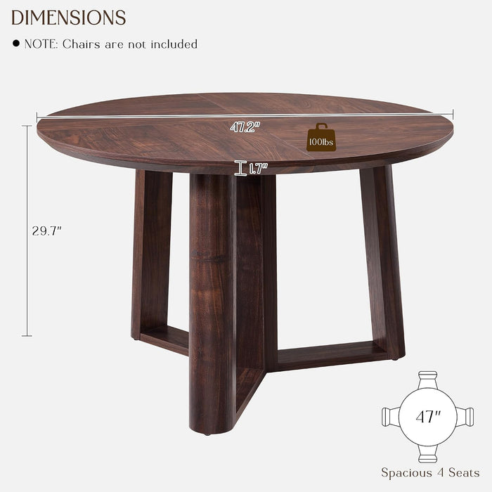 47" round Dining Room Table for 4-6 with Wooden Pedestal, Dark Walnut | Dinner Tables, Triangular Structure Wooden Pedestal Stable Base, Curved Table Edge, Circle Kitchen Tables for Dining Room