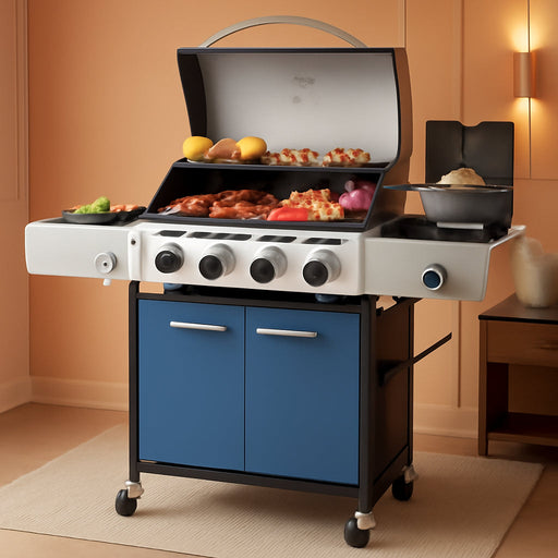 4-Burner Gas BBQ Grill with Side Burner and Porcelain-Enameled Cast Iron Grates, 42,000BTU Propane Grills Outdoor Cooking Barbecue Cabinet Style, Blue