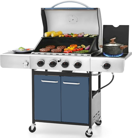 4-Burner Gas BBQ Grill with Side Burner and Porcelain-Enameled Cast Iron Grates, 42,000BTU Propane Grills Outdoor Cooking Barbecue Cabinet Style, Blue