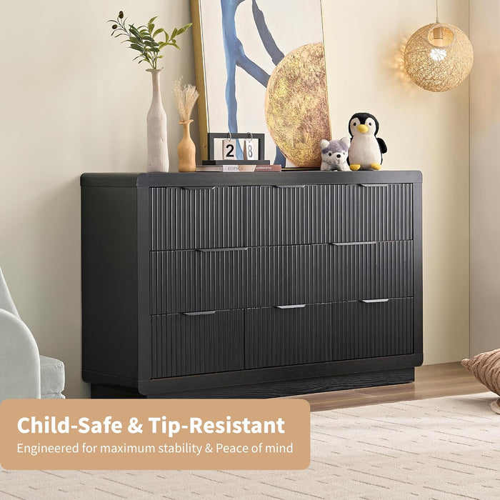 Black Dresser with Thickened Curved Profile Design, 52" Modern Chest of Drawers with 8 Drawers, Wooden Dresser TV Stand, Organizer for Bedroom, Living Room, Hallway