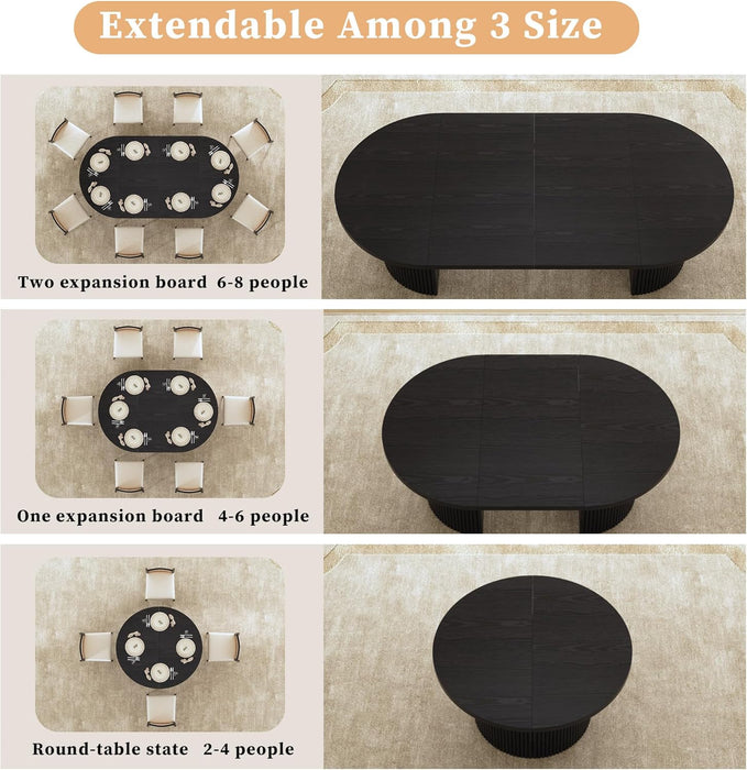 Extendable round Dining Table for 4-8, 39In-77In Long Large Kitchen Table with Fluted Base, Space Saving Modern Farmhouse Oval Dinner Tables for Dining Room, Kitchen, Living Room, Black