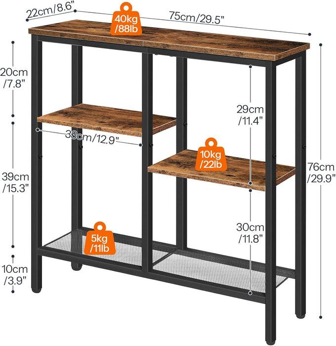 Narrow Console Table, Sofa Table, 4-Tier Industrial Entryway Table with Metal Mesh Shelf, Hallway Table with Adjustable Feet, for Entryway, Living Room, Hallway, Rustic Brown and Black BF79XG01