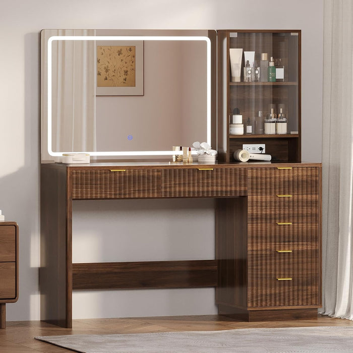 Fluted Vanity Desk with Large 32.7" Mirror and Lights, 47.4" Makeup Vanity with 7 Drawers & Glass Cabinet, Vanity Table with Charging Station & Storage Shelves, Brown