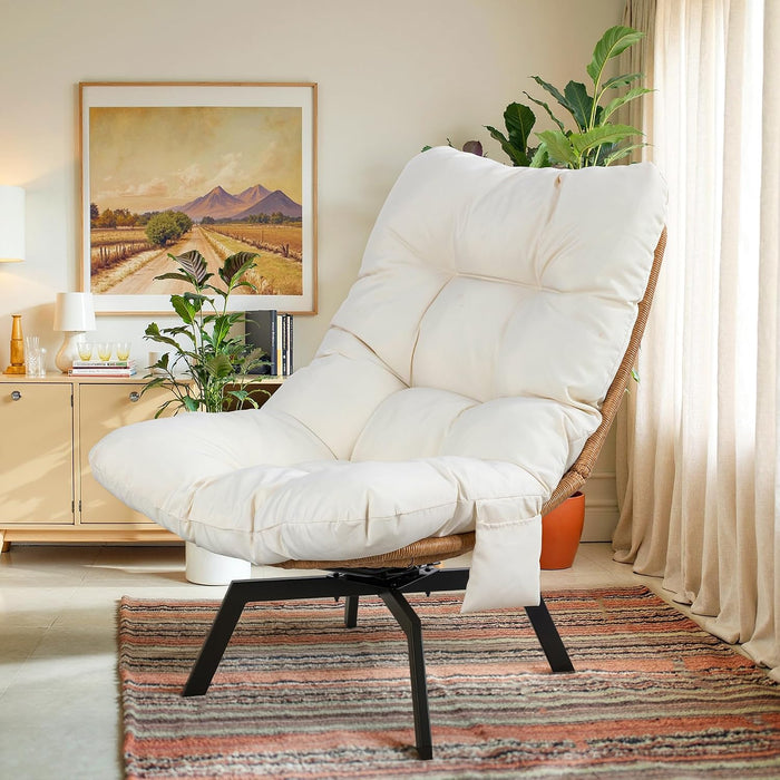 Swivel Wicker Chair PE Rattan Chair with Cushion, Oversized Patio Lounge Chair for Outdoor, Indoor, Balcony, Backyard, Garden, Living Room, Beige