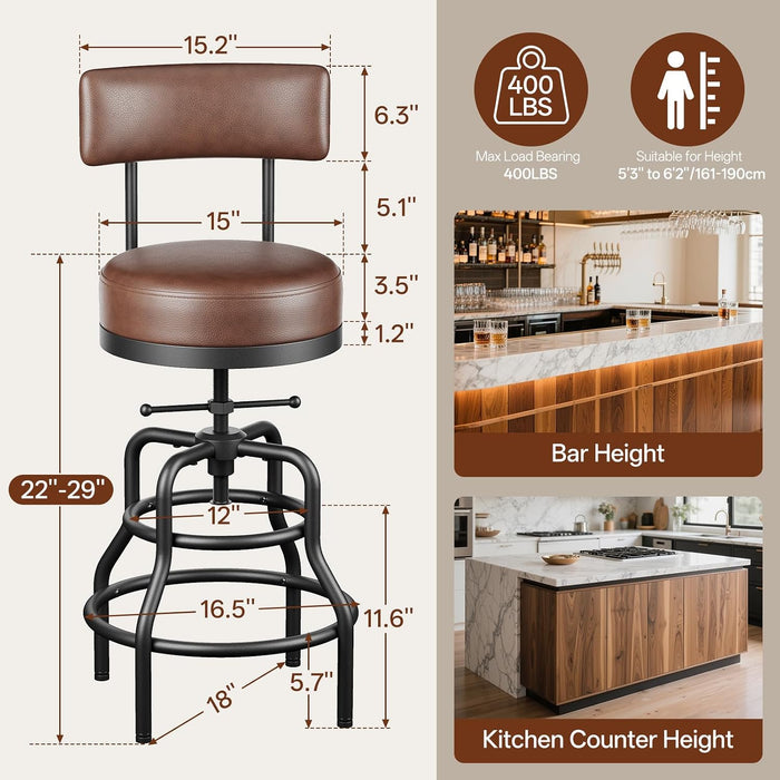 22-29 Inch Adjustable Height Swivel Bar Stools with Back Set of 2 | Vintage Bar Counter Height Stool with Thicken Premium Bonded Leather Seat & Sturdy Padded Backrest, Easy Assembly, Brown