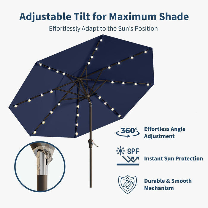 9FT Solar Umbrella 32 LED Lighted Patio Umbrella Table Market Umbrella W/Tilt and Crank, Uv-Resistant Outdoor Umbrella for Pool, Garden, Deck, Navy Blue
