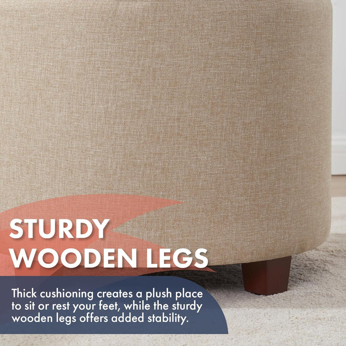 Decor round Ottoman with Storage, round Vanity Chair Stool Ottoman Pouf with Storage for Living Room and Bedroom, Linen Beige