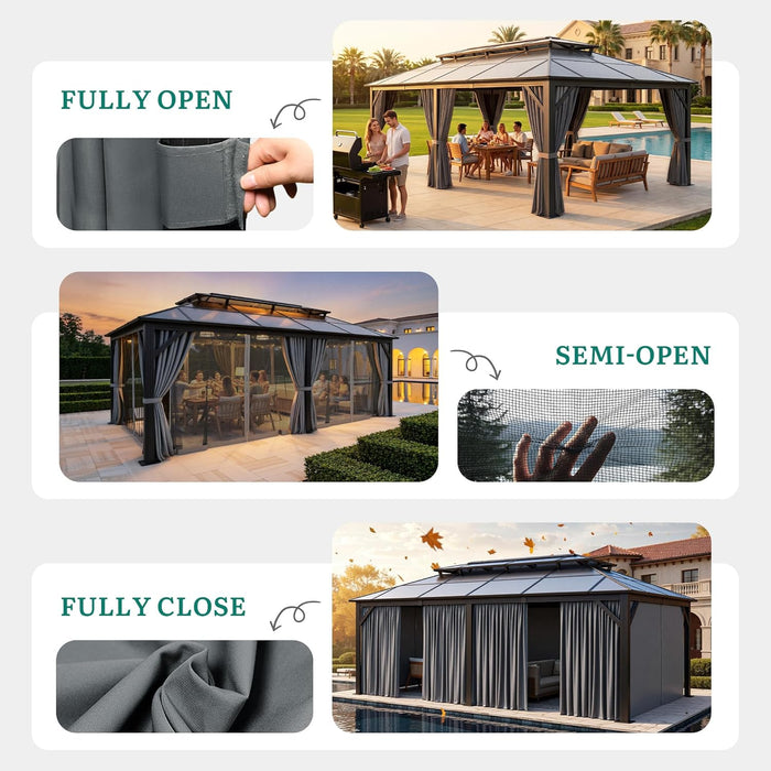 12X20Ft Gazebo Polycarbonate Hardtop Double Roof Canopy Outdoor with Netting and Shaded Curtains, Metal Frame Garden Tent for Patio, Backyard, Deck and Lawns, Grey