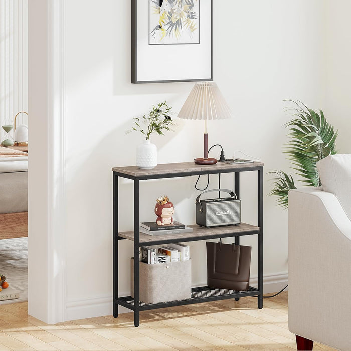 Console Table with Power Outlets, Entryway Table with Storage, Narrow Sofa Table with 3 Tier Shelves, 2 USB Ports, 2 Power Outlets, Hallway Table for Couch, Living Room, Entrance, Grey