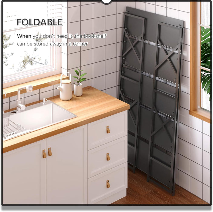 Extra Wide 5 Tiers No Assembly Book Shelves, 51.2" H Folding Bookshelf Bookcase Open Industrial Foldable Shelves for Bedroom, Living Room, Home Office - All Black