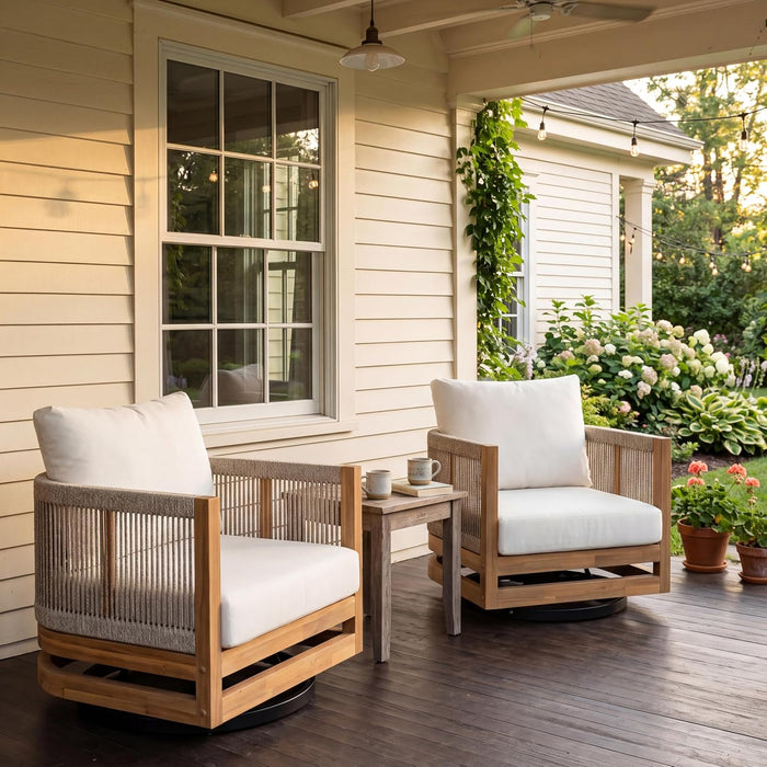 Sue Outdoor Acacia Wood Swivel Accent Chairs Set of 2 with Cushions, 360° Rotating Lounge Chair Outdoor with Rope Accent, Outdoor Swivel Chairs for Garden, Natural + Beige