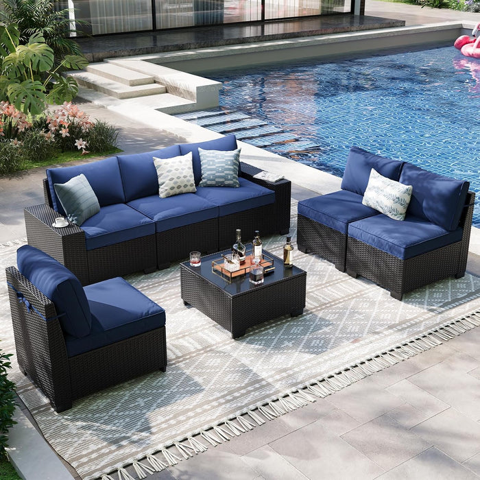 7-Piece Outdoor Patio Furniture Set, 6-Seat All-Weather PE Rattan Wicker Patio Sectional Furniture Set with Coffee Table, 450 Lb Capacity