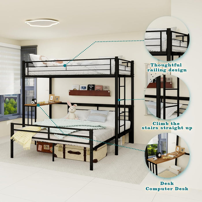 Black LShaped TwinOverFull BunkBedDesk HeavyDuty Metal