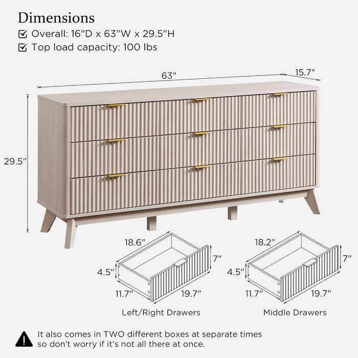 63" Wide Fluted 9 Drawer Dresser for Bedroom, White Alder