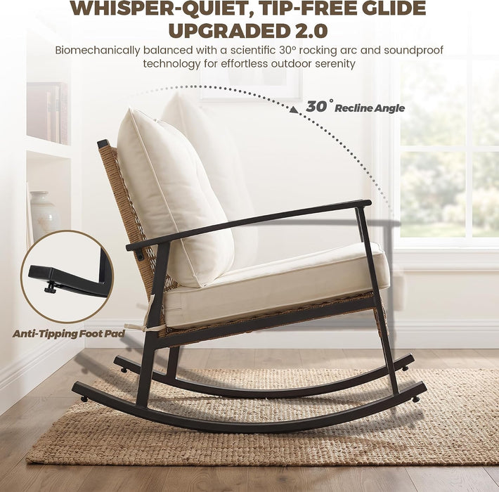 3-Piece Patio Rocking Chairs Set of 2, Rocking Chair Bistro Set [Upgraded 2.0] & 2-Tier Coffee Table, Wicker Rocking Chair Outdoor Patio Furniture Set for Backyard, Porch, Balcony (Beige)