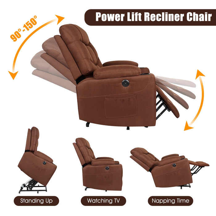 Power Lift Recliner Chair,Massage Lift Chair for Elderly with Heated Vibration,Electric Reclining Chairs,Infinite Position Fabric Recliner Chair,Cup Holders,Remote Control, Brown