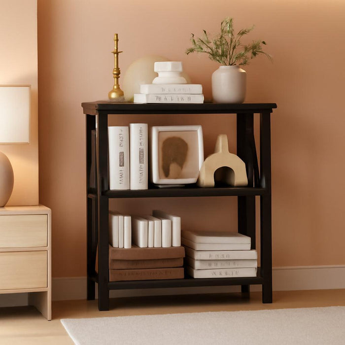 Small Bookshelf, 3 Shelf Bookcase for Living Room, Low Short Bookshelf, Industrial Wood Book Shelf and Rustic Book Case for Small Space, Home Office (Dark Walnut)