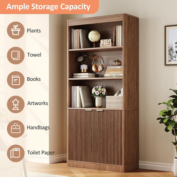 72'' Tall Bookshelf with Doors, 5-Tier Wooden Storage Bookcase with Fluted Doors & Side Panels, Adjustable Shelf, Gold Handles for Living Room, Bedroom, Home Office, Dark Walnut