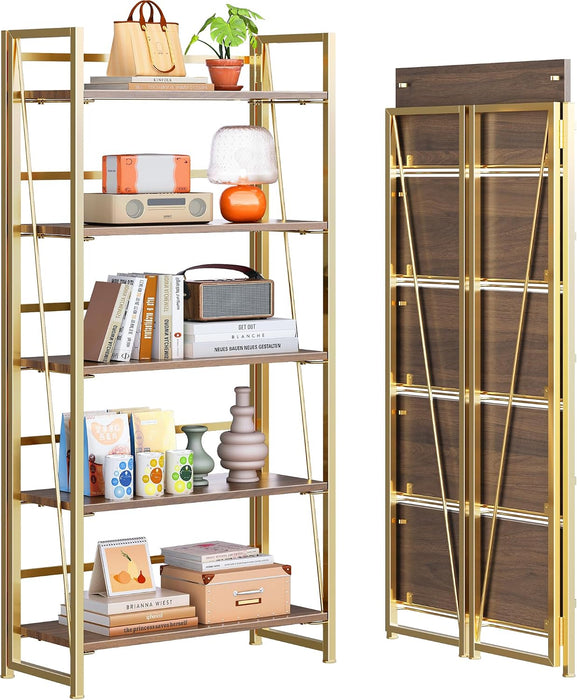 No Assembly Folding Bookshelf Book Shelves, 5-Tier 62.2"" H Collapsible Foldable Bookcase Storage Industrial Shelf for Living Room Bedroom Office
