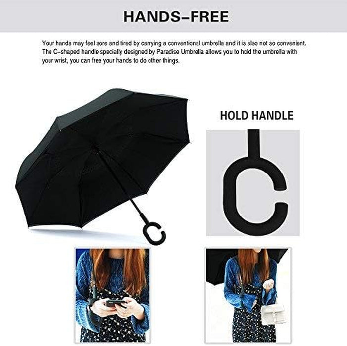 49/56 Inch Inverted Reverse Upside down Umbrella, Extra Large Double Canopy Vented Windproof Waterproof Stick Golf Umbrellas with C-Shape Handle.