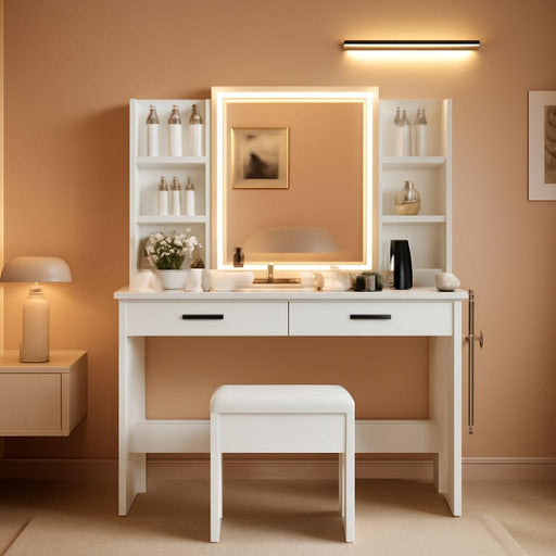 Small Vanity Desk with Mirror and Lights, Makeup Vanity with 2 Large Drawers and Stool, White Dressing Table for Girls Bedroom