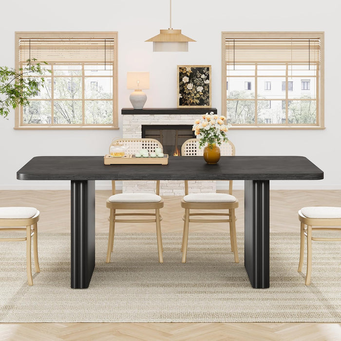Modern Dining Table for 6-8, 71" Rectangular Farmhouse Kitchen Table with 3.6"×22.9" Black Fluted Wave Metal Legs & Wooden Top, Large Dining Table for Home Office, Dining, Black