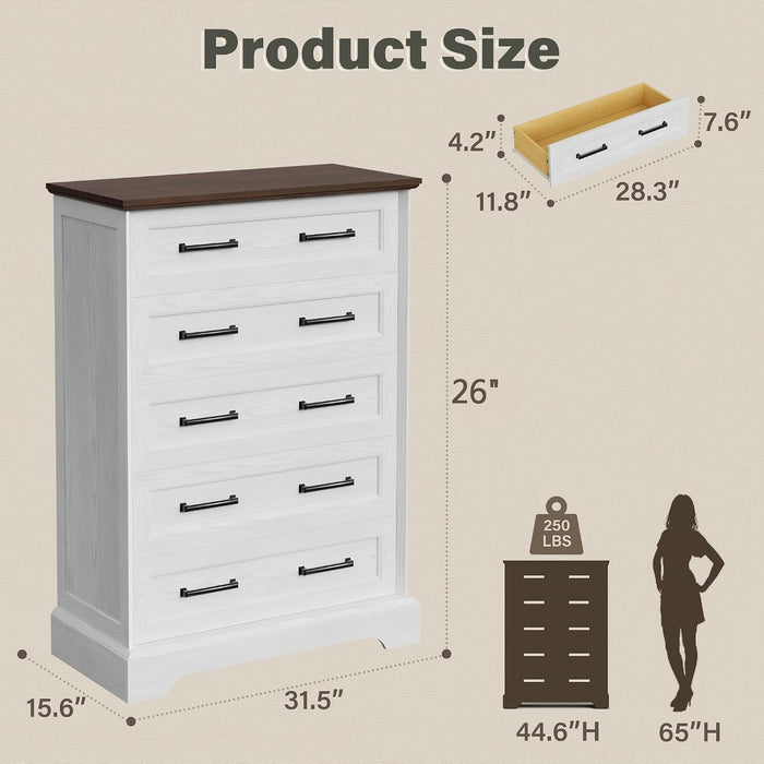 Tall Dresser for Bedroom, Farmhouse 5 Drawers Dresser, White&Brown