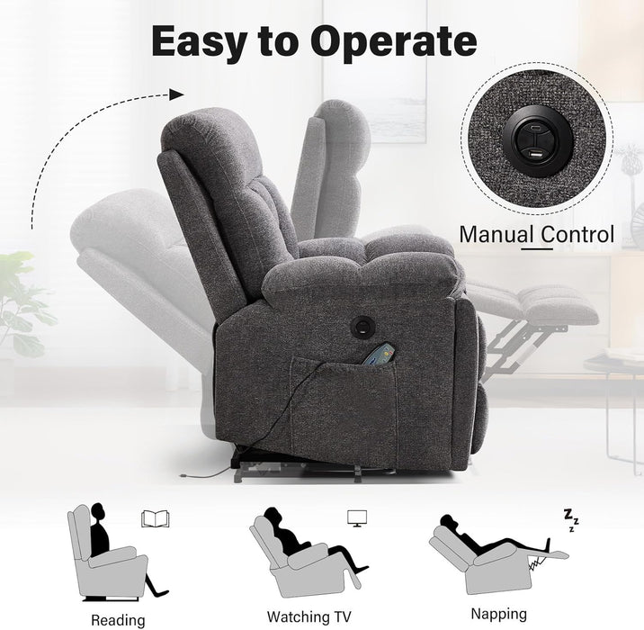 Reclining Sofa for Living Room, Extra Wide Modern Overstuffed 3 Seat Recliner Manual Sofa with Hidden Armrest Cup Holders, Soft Breathable Fabric and Padded Seat, Light Grey