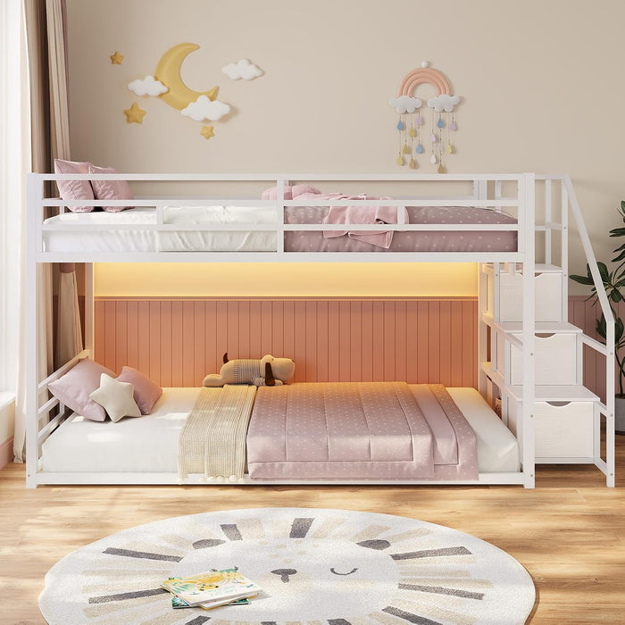 White Twin Over Twin Bunk Bed IntegratedStorageDrawers