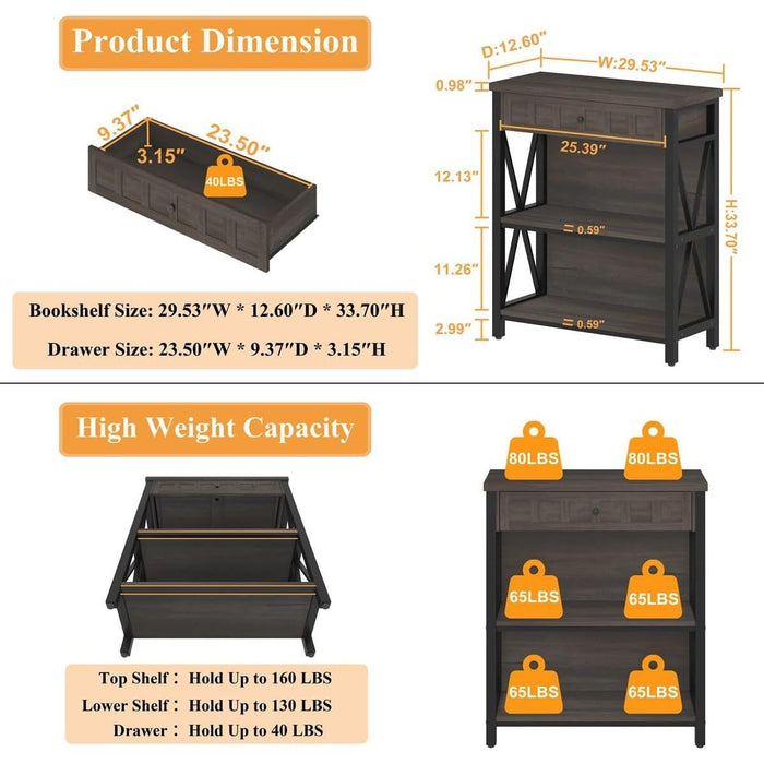 Rustic Bookshelf with Drawer, Industrial Wood and Metal Bookcase, Small Book Shelf and Low Book Case for Small Space (Walnut Brown)