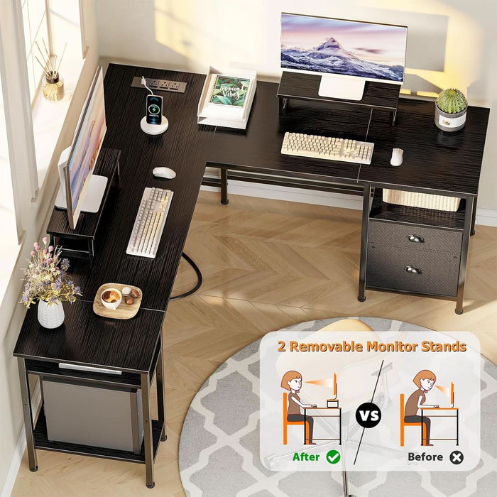 FiftyNineInch LShaped Desk With Black StorageDrawers Unit