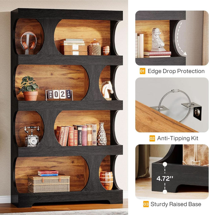 71" Tall Black Bookcase, Modern Asymmetrical Bookshelf, 4-Tier Freestanding Display Shelf with Classic Shape, Large Library Book Shelf for Living Room, Home Office