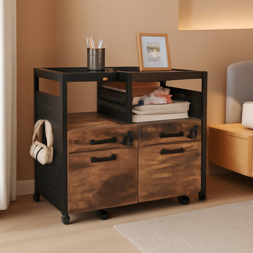 Lateral File Cabinet Mobile Filing Cabinets Printer Stand with Drawers, 2 Open Compartments& Hooks, for Home Office, Rustic Brown
