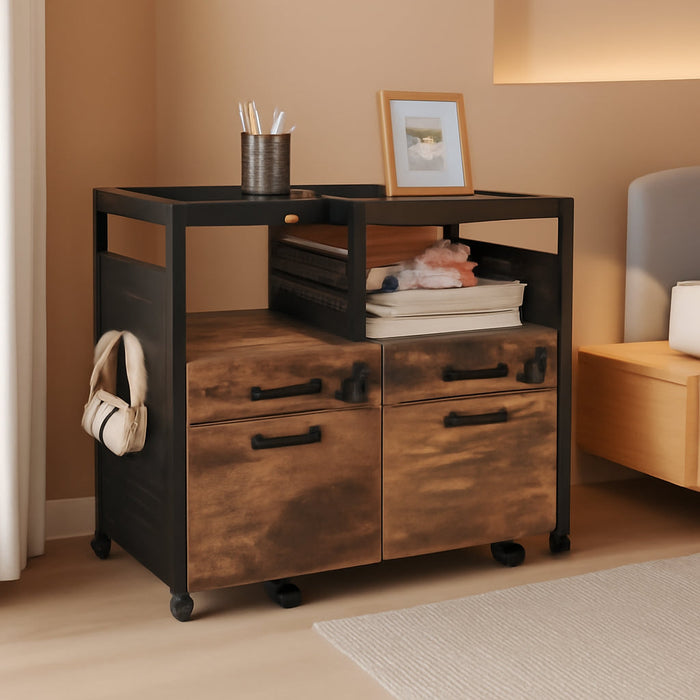 Lateral File Cabinet Mobile Filing Cabinets Printer Stand with Drawers, 2 Open Compartments& Hooks, for Home Office, Rustic Brown