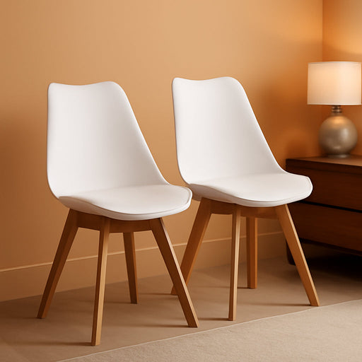 Set of 2 Modern Style Chair Dining Chairs, Shell Lounge Plastic Chair with Natural Wood Legs (White)