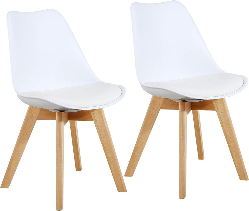 Set of 2 Modern Style Chair Dining Chairs, Shell Lounge Plastic Chair with Natural Wood Legs (White)