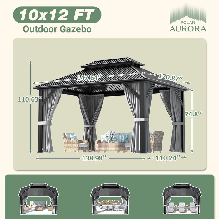 10'X12' Outdoor Gazebo Hardtop Grill Gazebo Aluminum Galvanized Steel Double Roof Outdoor Pergola Include Curtain and Netting for Backyard, Patio, Lawn