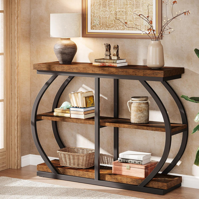 41.3" Console Table, Industrial 3-Tier Entryway Table with Arched Metal Frame and Storage Shelves for Living Room, Hallway, Rustic Brown
